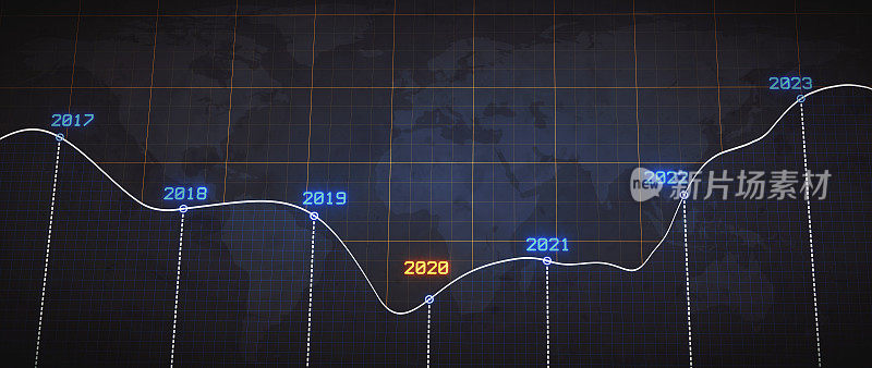年度时间轴图表报告设计在一个微妙的世界地图暗背景与一个网格