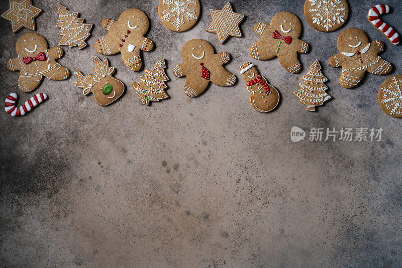 圣诞姜饼人饼干，雪人，星星，雪花，拐杖糖，驯鹿和冷杉