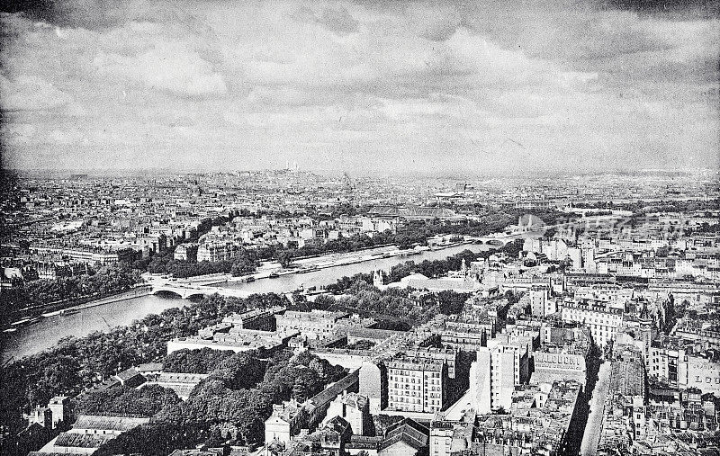 巴黎，从埃菲尔铁塔鸟瞰Champs-Elysées和Sacré-Coeur