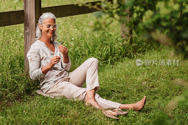 充满感激的白发成熟女子，兴高采烈地坐在草地上，手里拿着一朵野花，欣赏着绿色的自然和生命