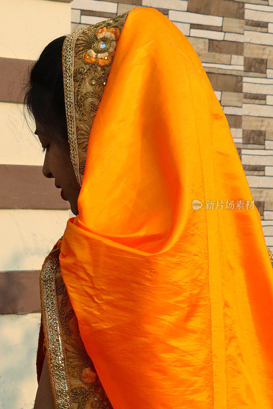 印度教徒的特写图像，穿着传统服装的印度妇女，橙色，绣花纱丽，头部特写，后视图，前景焦点