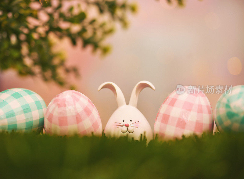 复活节背景与粉红色和蓝色格子彩蛋和一个可爱的复活节兔子。空间复制