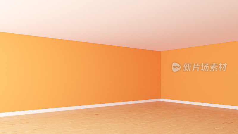 房间的空角落，明亮的橙色墙壁，白色天花板，轻拼花地板