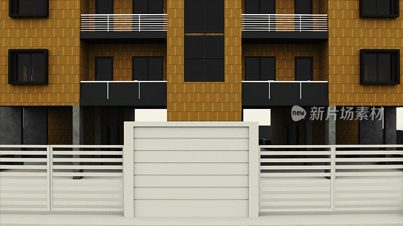 住宅高层建筑的抽象立面孤立在白色背景上。资料片。多层建筑的动画3D模型。