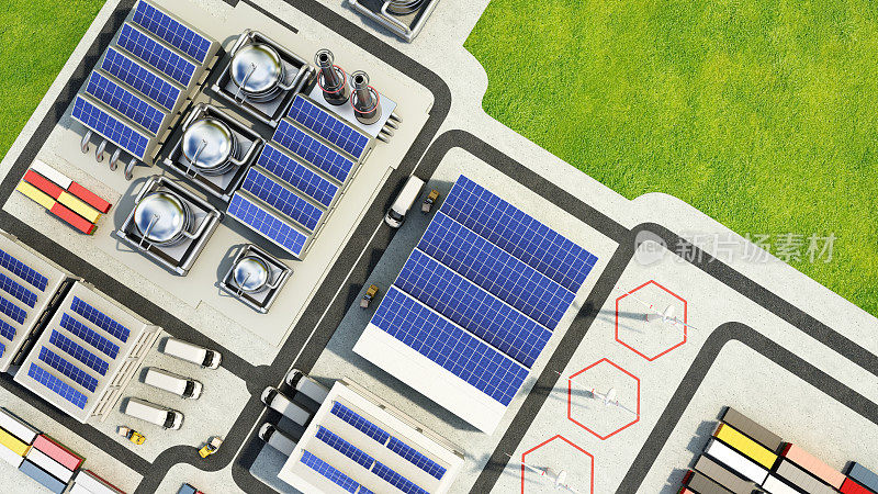 在工业园区的工厂和建筑物上安装的太阳能电池板。复制空间在右上角。可持续能源概念