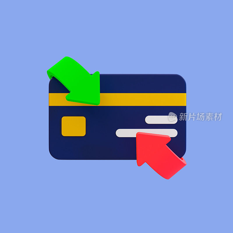 3d最低网上购物付款。没钱的付款。信用卡与箭头与修剪路径。三维渲染插图。