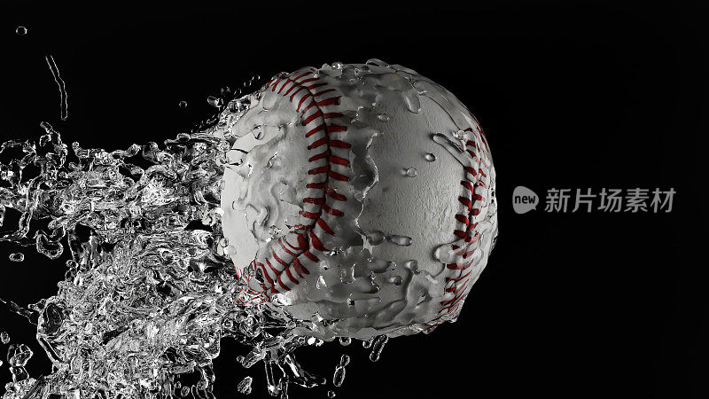 棒球飞溅，黑色背景，包裹在水中，飞溅和水滴旋转，3d渲染