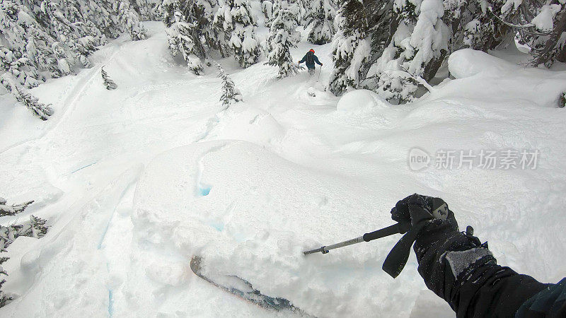 第一人称视角POV背国家滑雪下山高山斜坡