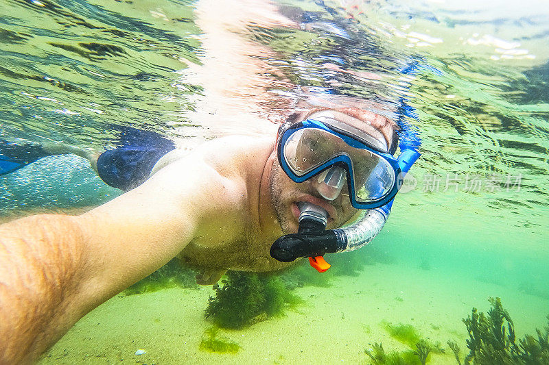 夏天，一名男子在法国布列塔尼海岸的浅水区浮潜