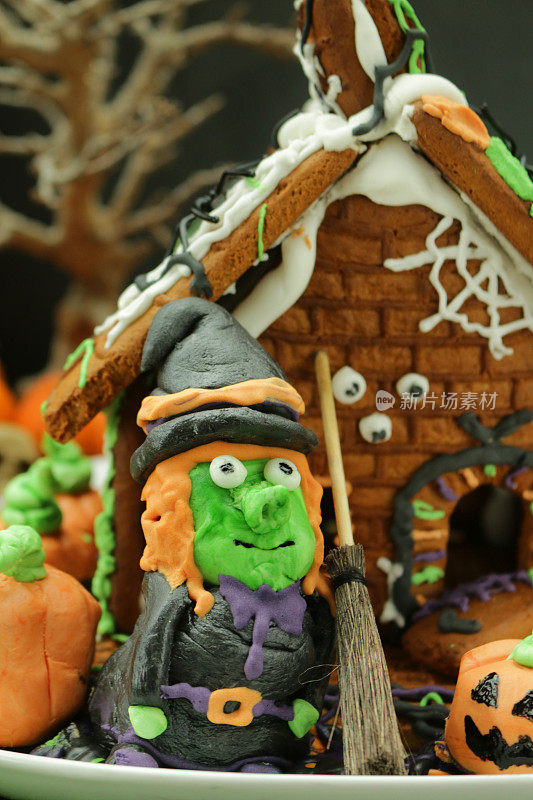 这是自制的万圣节姜饼饼干屋的特写图片，在苔藓的工作台上用糖霜和糖果糖果装饰，南瓜和女巫雕像