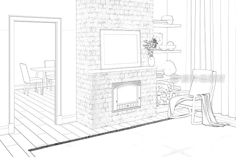 房间的草图，壁炉架上有一张水平的海报和插在花瓶里的鲜花，壁炉旁有一把椅子，窗户附近有一个装饰壁龛，一扇门可以俯瞰餐厅。