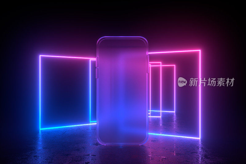 黑屏玻璃透明移动智能手机与发光的霓虹灯背景