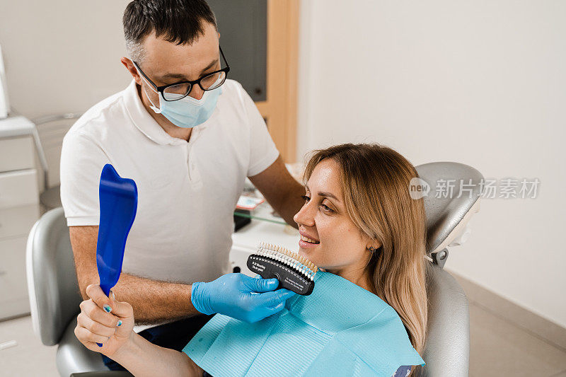 牙齿美白。病人看牙色深浅指南。牙医。医生到牙科诊所检查牙齿配色样本。