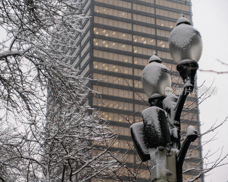 汉密尔顿，安大略——白雪覆盖的路灯，背景是一座建筑