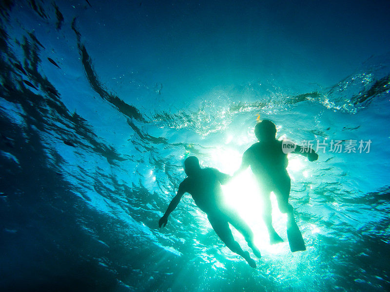 一对老年夫妇在热带海域一起游泳的剪影