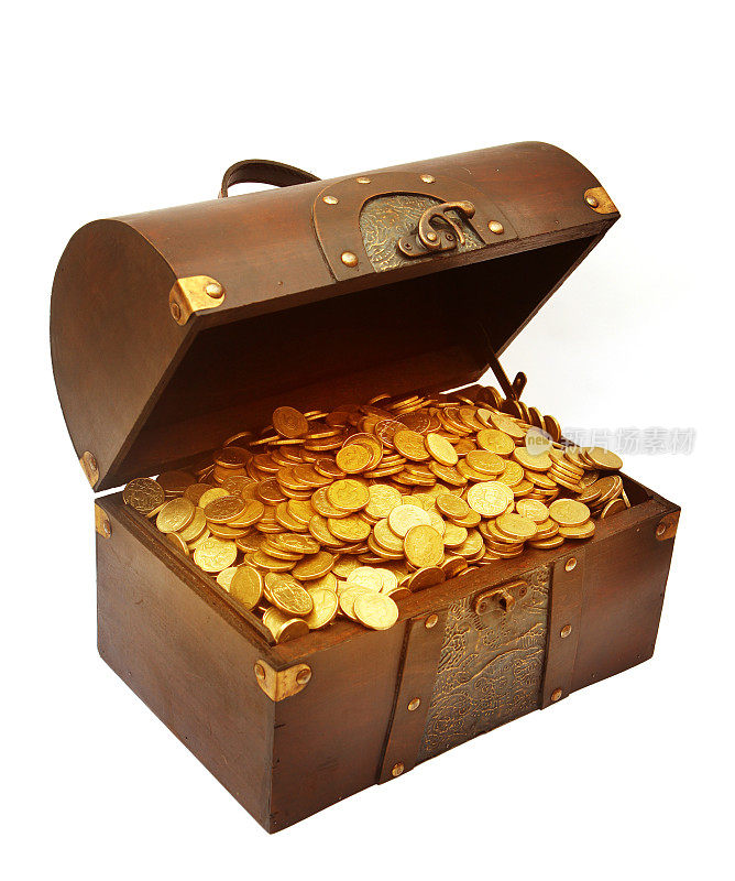 一个棕色的宝箱，里面装满了几十枚金币