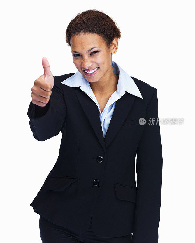 快乐的女商人在白色的牌子上竖起大拇指