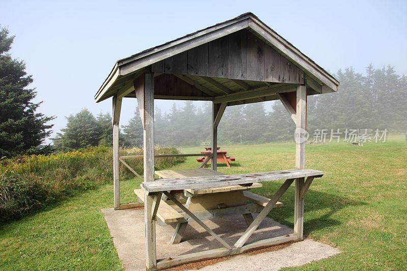 野餐公园里木制遮蔽物下的野餐桌