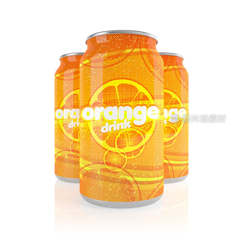 三罐橙汁软饮料，白色背景