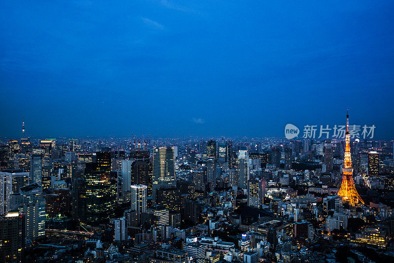 东京塔和城市夜间鸟瞰图