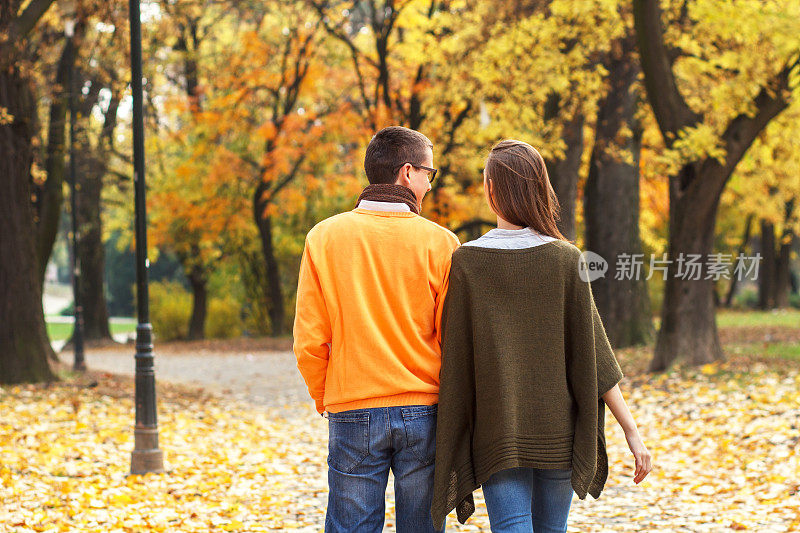 在公园里散步的年轻夫妇的后视图