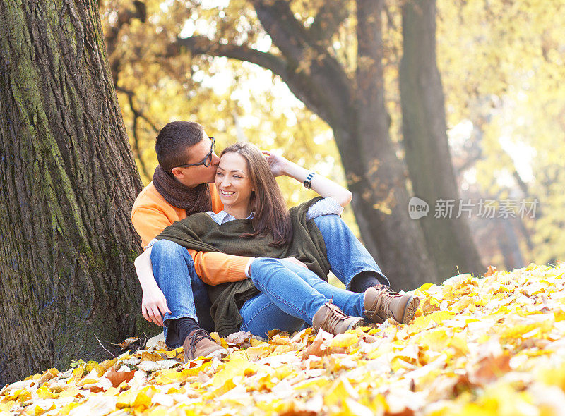 一对年轻夫妇坐在公园的树下