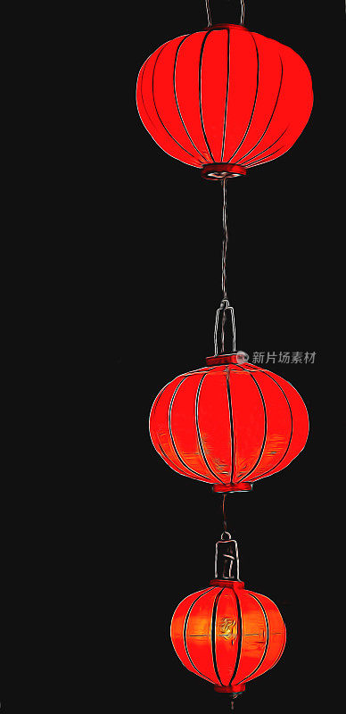 发光的红色中国灯笼孤立在黑色的背景