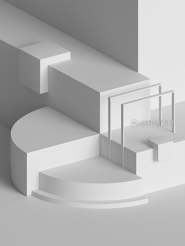 3d渲染，现代抽象几何背景，极简主义的空白展示，装饰艺术模型，白色原始形状，商店展示