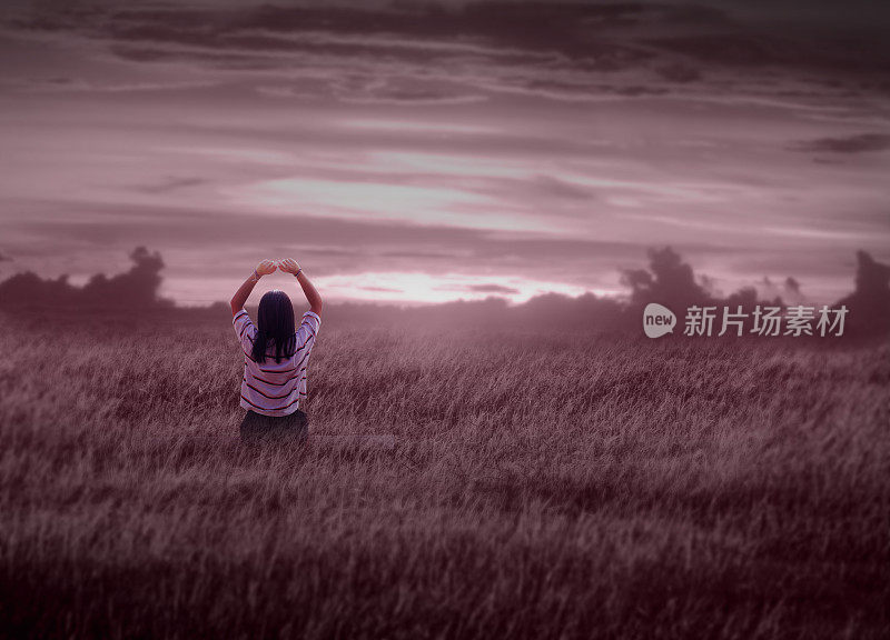 一个十几岁的女孩独自坐在田野里，背景是夕阳和天空的暮色