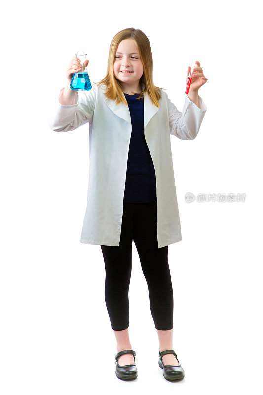 年轻白种女孩在白人背景下成为科学家的职业志向