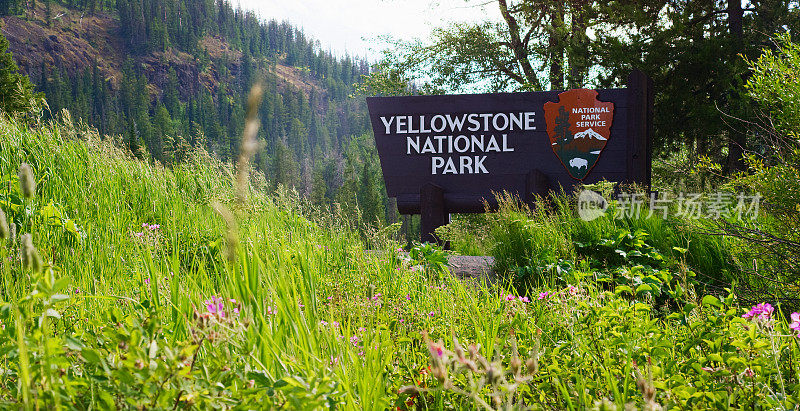 黄石国家公园的欢迎标志四周环绕着森林和落基山脉