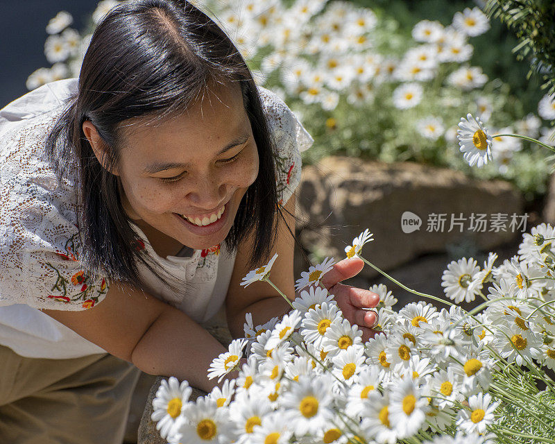 微笑的泰国妇女探索春天的雏菊。