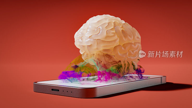 大脑沉迷于智能手机的概念，3d渲染