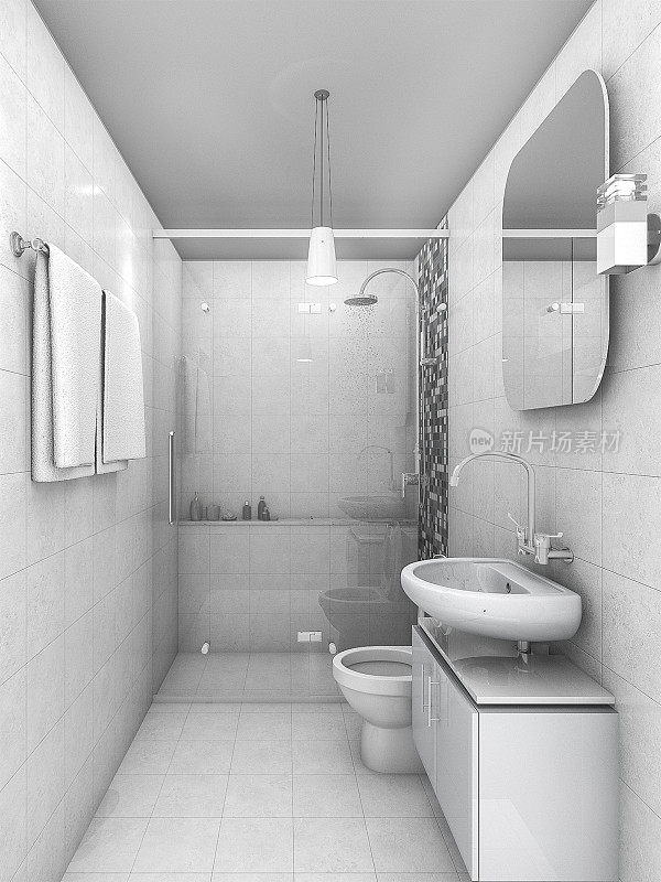 3d渲染白色色调，最小的AD小浴室