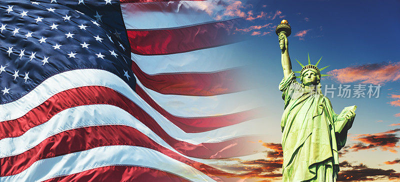 美国国旗和自由女神像一起飘扬
