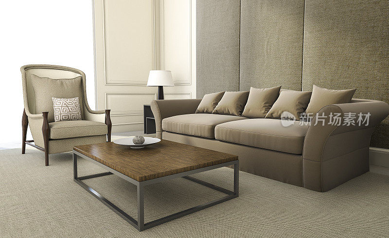 3d渲染舒适的扶手椅和沙发客厅