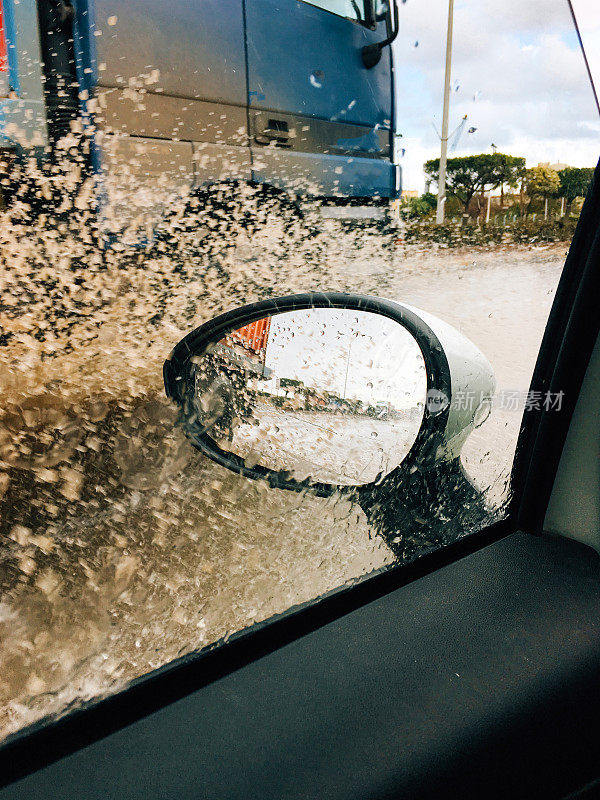 快速卡车溅水到车窗上。