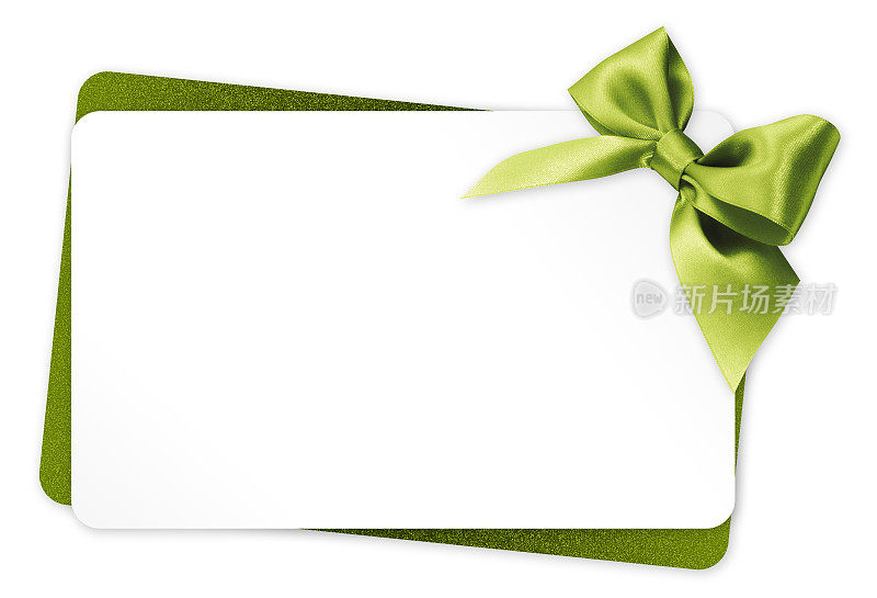 礼品卡与绿色丝带蝴蝶结孤立在白色背景