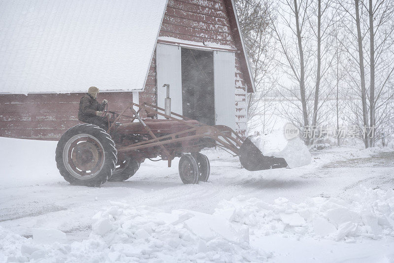 在明尼苏达暴风雪后用1940年的老式拖拉机移动雪