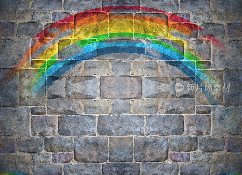 彩虹画在石砌砖墙上，规模很大
