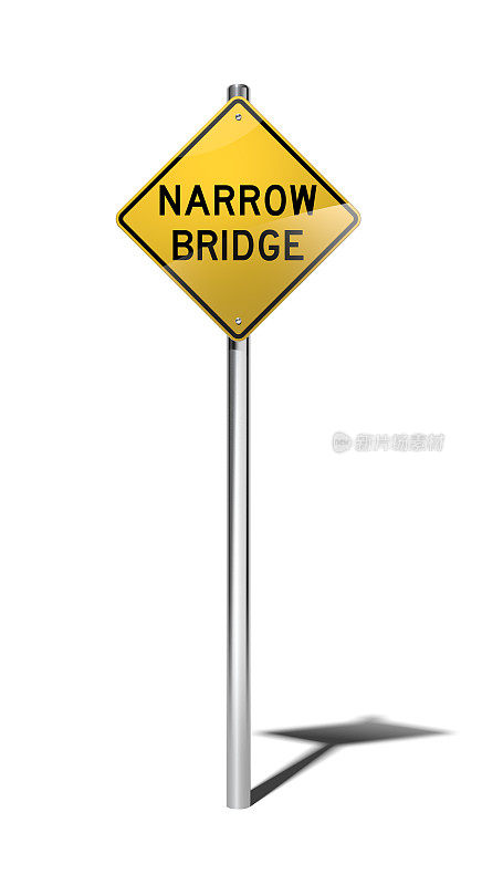 窄桥警告标志(美国)，道路弯曲