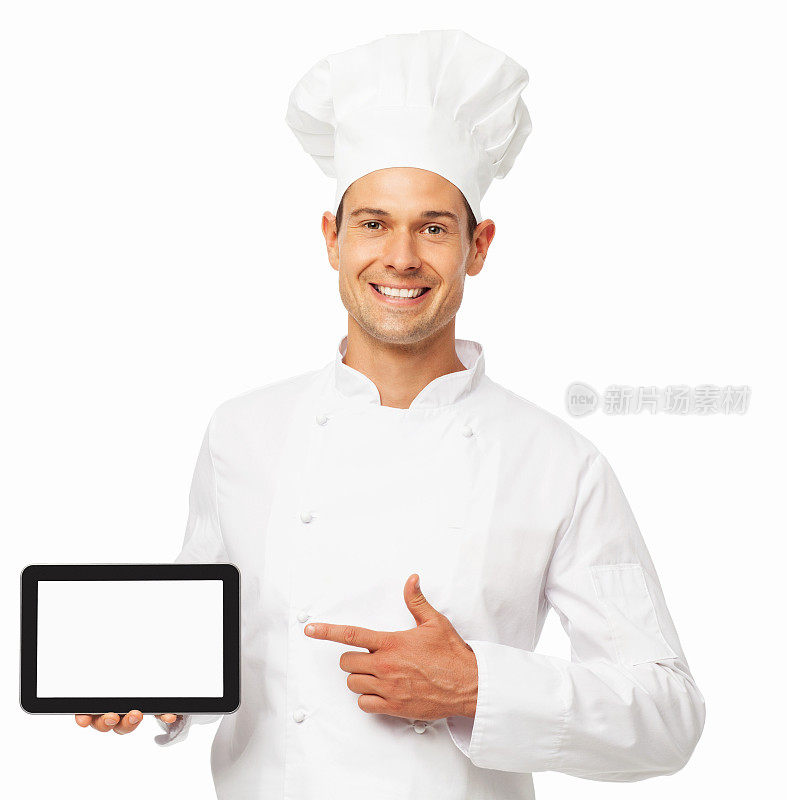 厨师推广数码平板电脑的白色背景
