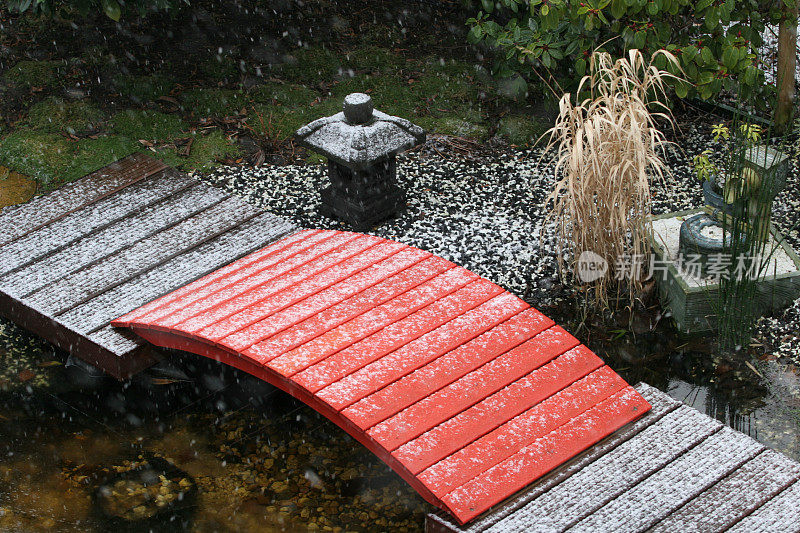 红桥和池塘和雪