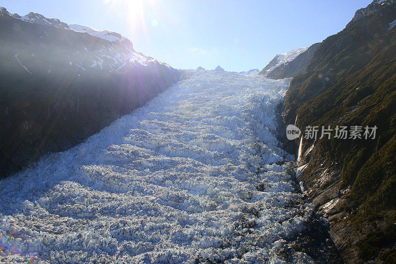 鸟瞰雄伟的弗朗茨约瑟夫冰川在田园诗般的南阿尔卑斯山，韦斯特兰国家公园，新西兰南部