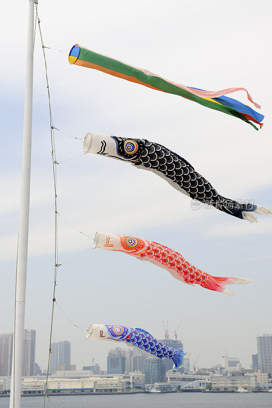 鲤鱼飘带，东京湾和城市天际线