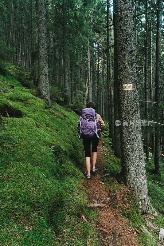 在长满青苔的森林里徒步旅行的女人