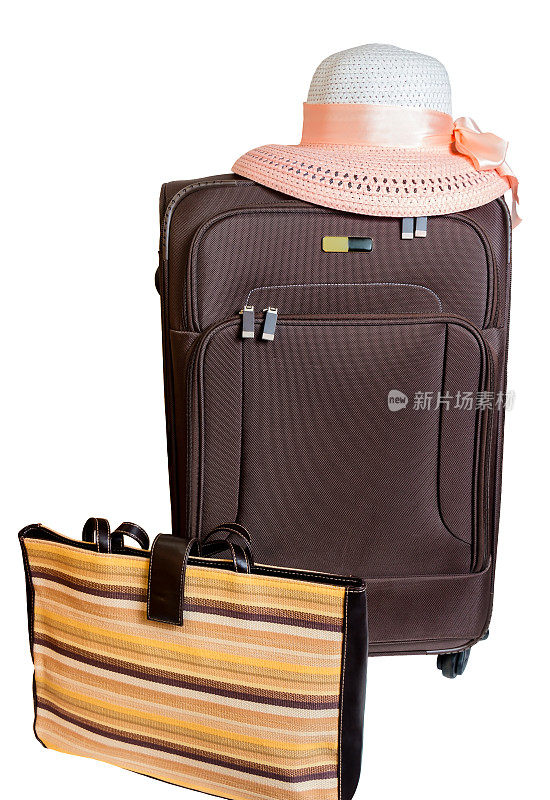 棕色手提箱，包和帽子隔离