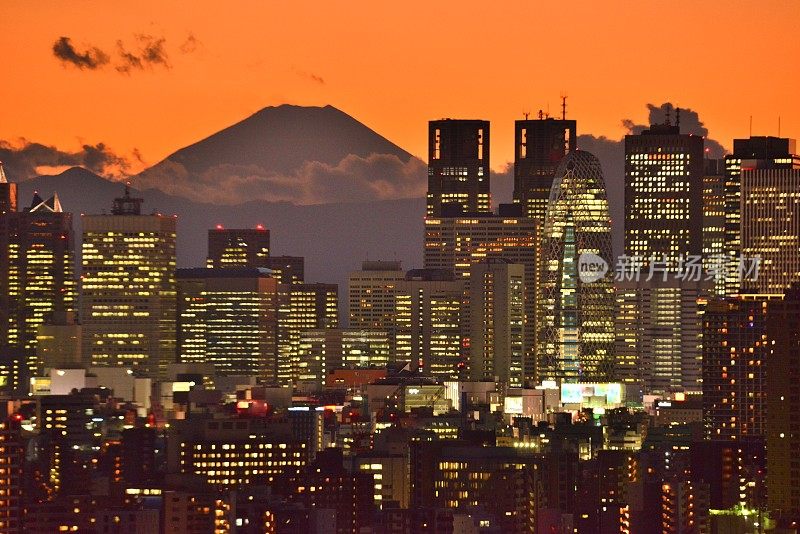 富士山和东京的天际线:白天和黑夜