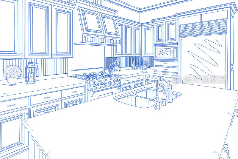 蓝色定制厨房设计图纸上的白色