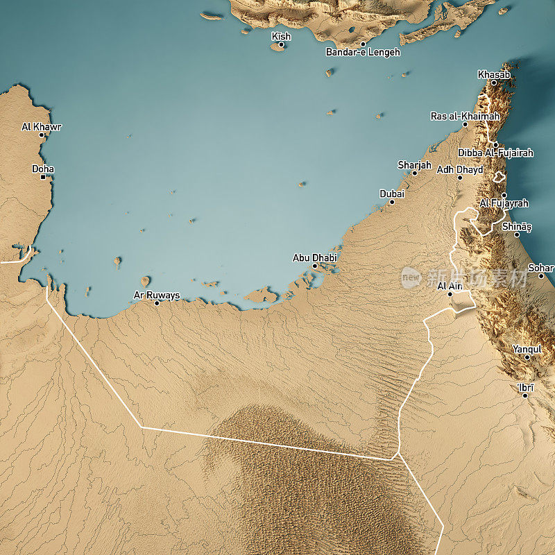 阿拉伯联合酋长国3D渲染地形图颜色边界城市